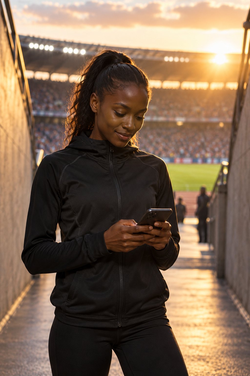 An athlete in a stadium tunnel looking at her phone